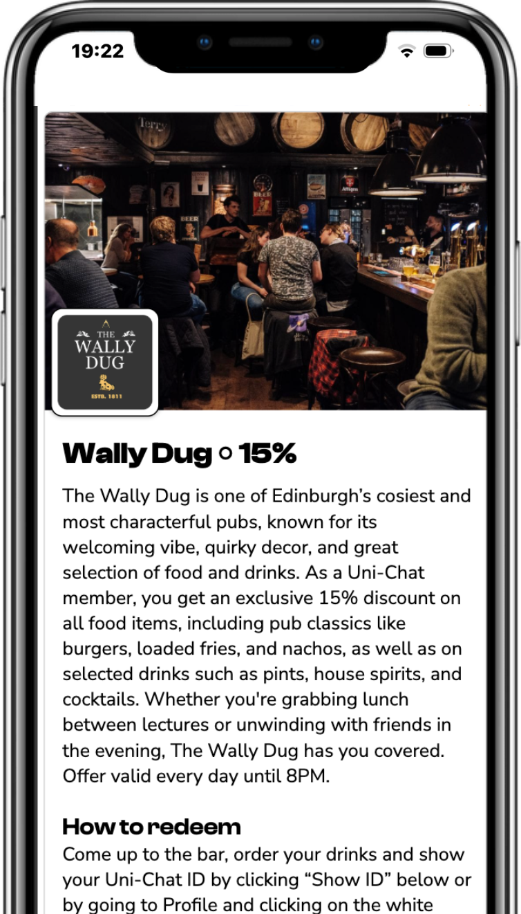 A business's discount landing page on the Uni-Chat app